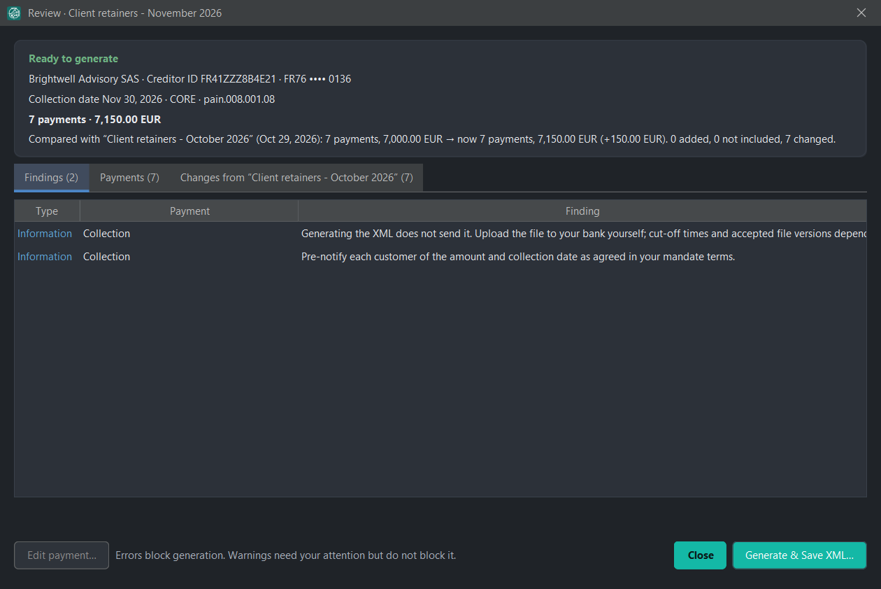 Review of a recurring CORE direct debit collection in SEPA Generator Pro: 7 payments totalling 7,150.00 EUR, compared with the previous month's collection, with two informational findings before generating the XML.