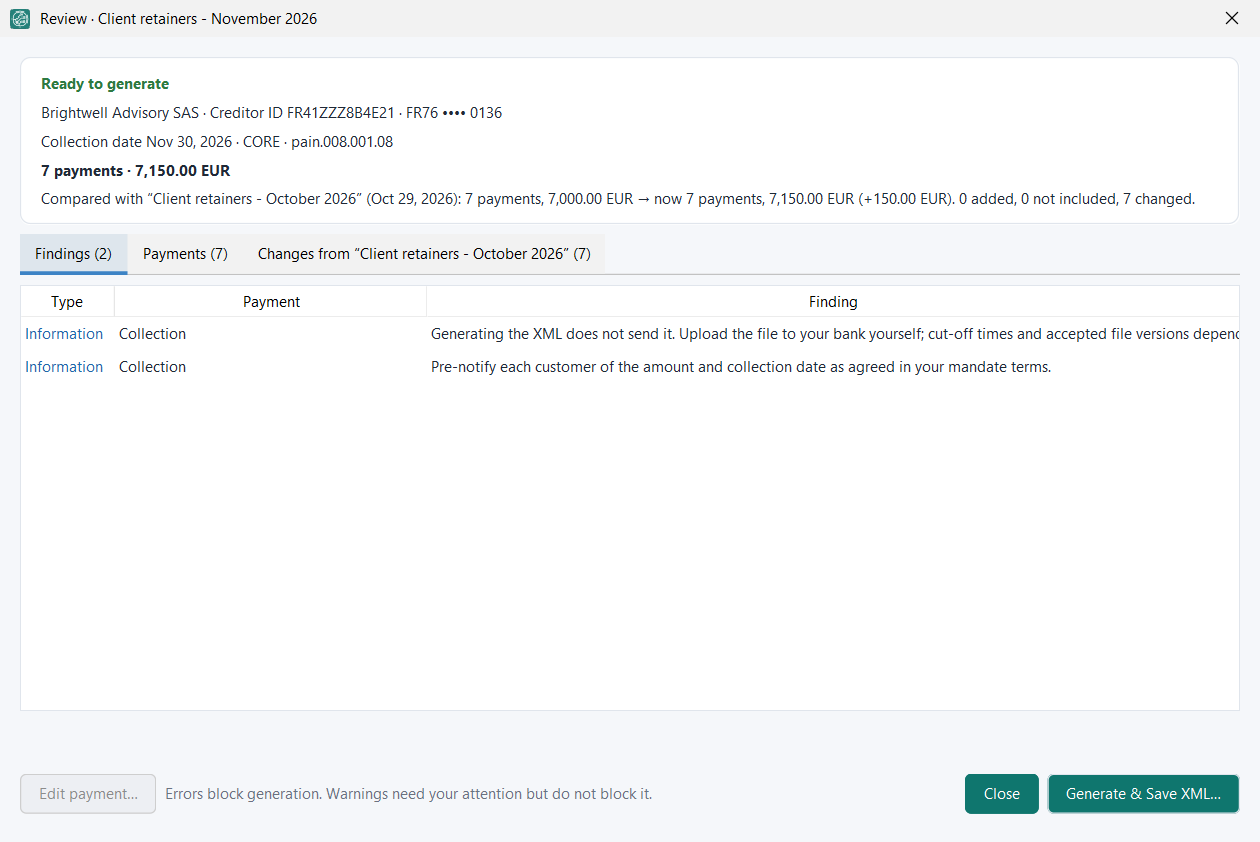 Review of a recurring CORE direct debit collection in SEPA Generator Pro: 7 payments totalling 7,150.00 EUR, compared with the previous month's collection, with two informational findings before generating the XML.