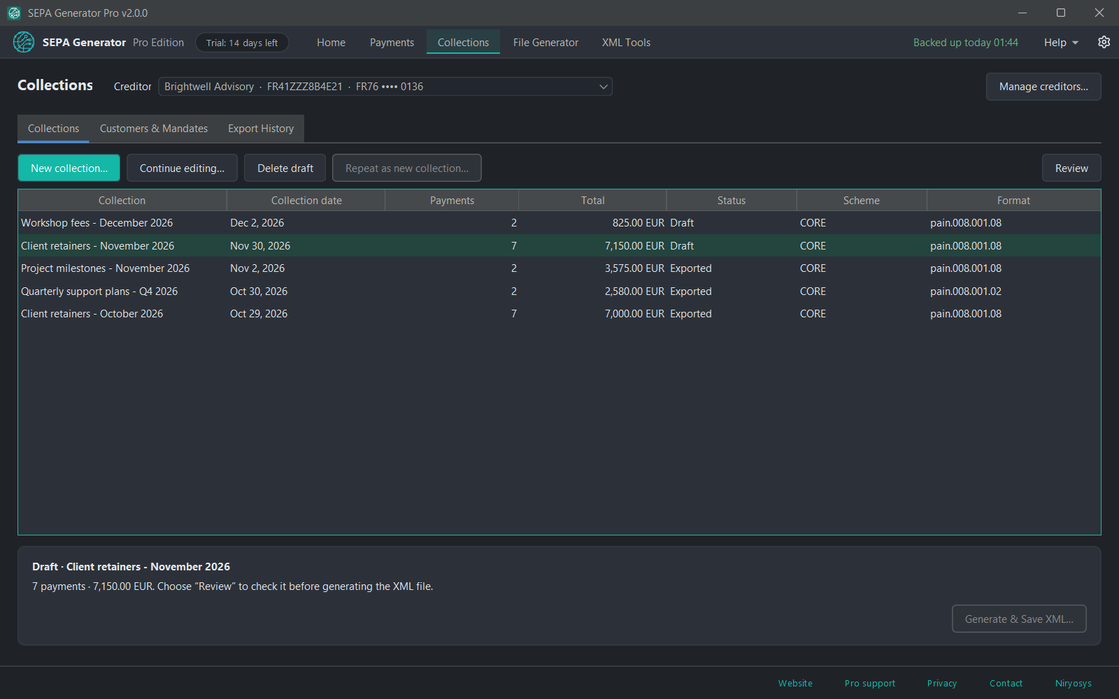SEPA Generator Pro Collections workspace: saved CORE direct debit collections for a fictional creditor, with a November client-retainers draft of 7 payments totalling 7,150.00 EUR selected for review.