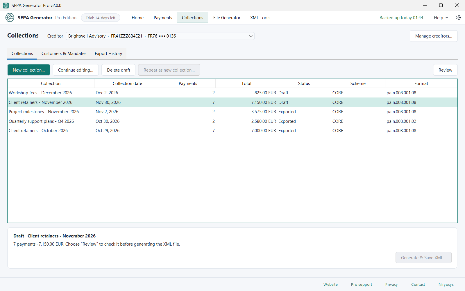 SEPA Generator Pro Collections workspace: saved CORE direct debit collections for a fictional creditor, with a November client-retainers draft of 7 payments totalling 7,150.00 EUR selected for review.