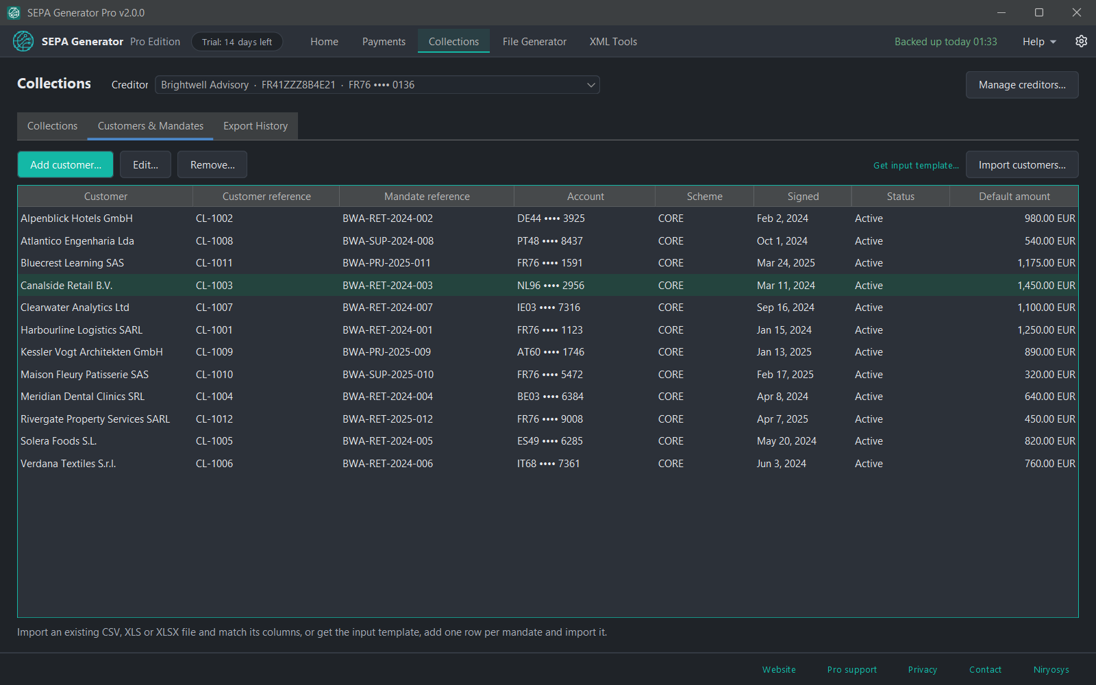 SEPA Generator Pro Customers & Mandates registry: fictional business customers with their mandate references, masked IBANs, CORE scheme, signature dates and default amounts.
