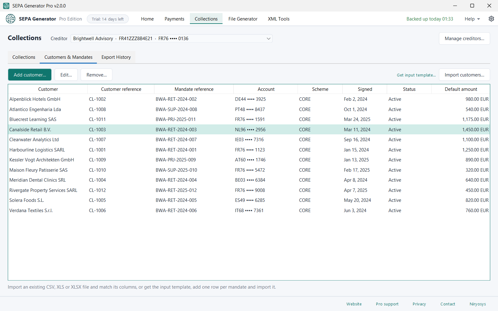 SEPA Generator Pro Customers & Mandates registry: fictional business customers with their mandate references, masked IBANs, CORE scheme, signature dates and default amounts.