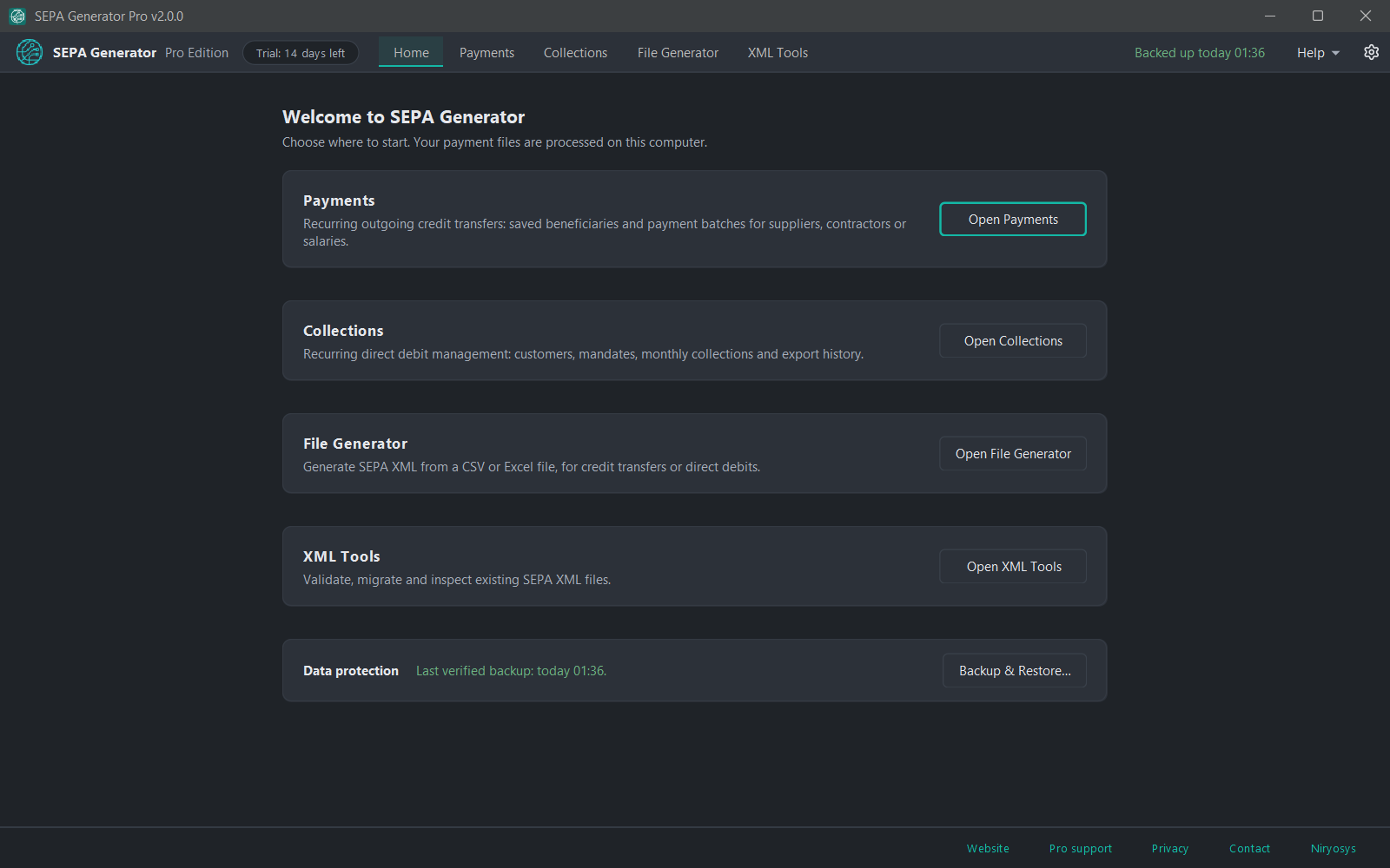 SEPA Generator Pro Home screen with entry points to Payments, Collections, File Generator and XML Tools, and the date of the last verified backup.