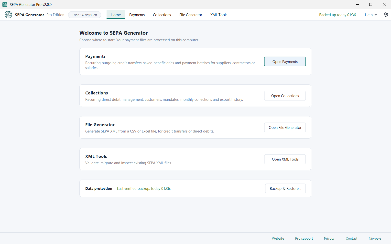 SEPA Generator Pro Home screen with entry points to Payments, Collections, File Generator and XML Tools, and the date of the last verified backup.
