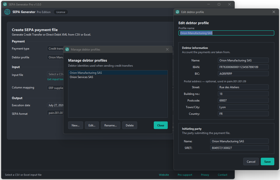Reusable debtor payment profiles in SEPA Generator Pro, with a saved profile open for editing.