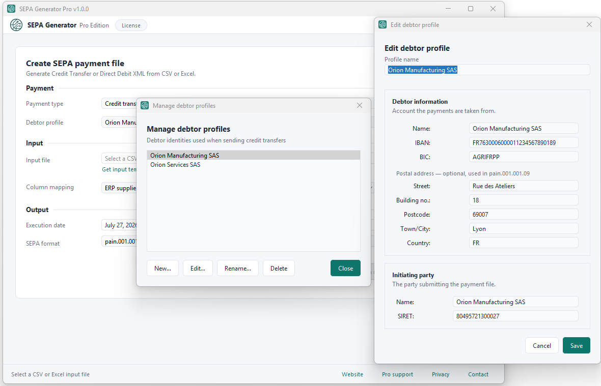 Reusable debtor payment profiles in SEPA Generator Pro, with a saved profile open for editing.