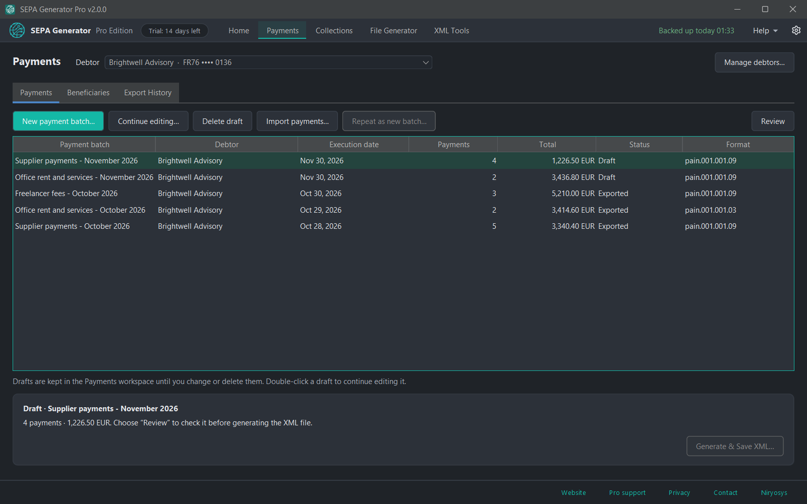 SEPA Generator Pro Payments workspace: saved credit transfer batches for supplier payments, office rent and freelancer fees, with drafts and exported pain.001 batches.
