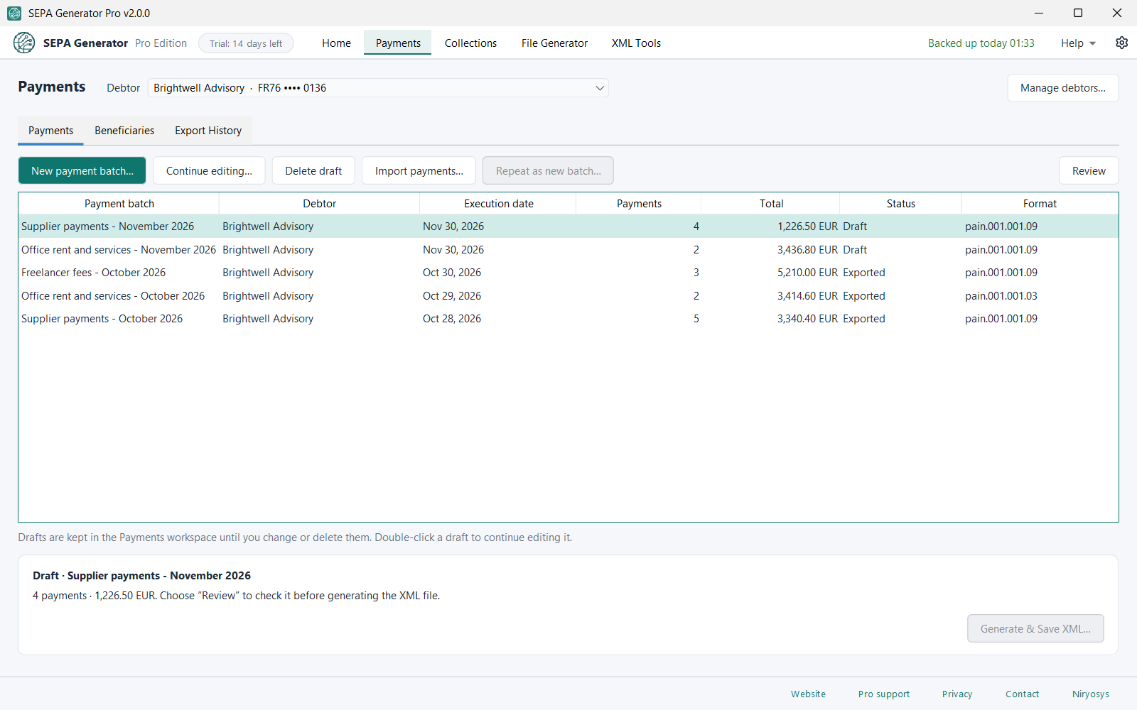 SEPA Generator Pro Payments workspace: saved credit transfer batches for supplier payments, office rent and freelancer fees, with drafts and exported pain.001 batches.