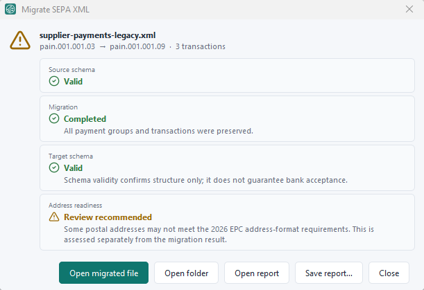 Migration dialog converting a pain.001.001.03 file to pain.001.001.09, with an address readiness review.