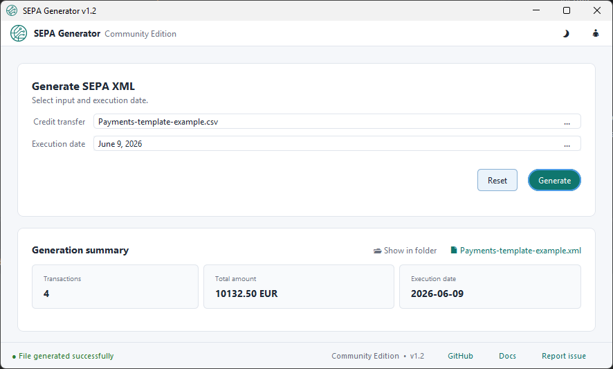 SEPA Generator desktop app main screen